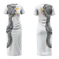 Hawaiian Tribal Tattoo and Plumeria Couples Matching Short Sleeve Bodycon Dress and Hawaiian Shirt Polynesian Pattern White Color
