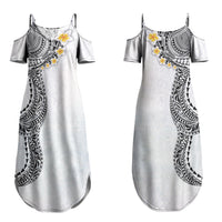 Hawaiian Tribal Tattoo and Plumeria Couples Matching Summer Maxi Dress and Hawaiian Shirt Polynesian Pattern White Color