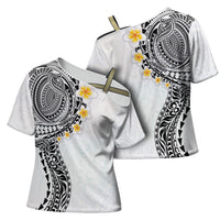 Hawaiian Tribal Tattoo and Plumeria Cross Shoulder Shirt Polynesian Pattern White Color