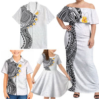 Hawaiian Tribal Tattoo and Plumeria Family Matching Off Shoulder Maxi Dress and Hawaiian Shirt Polynesian Pattern White Color