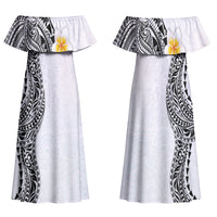Hawaiian Tribal Tattoo and Plumeria Family Matching Off Shoulder Maxi Dress and Hawaiian Shirt Polynesian Pattern White Color