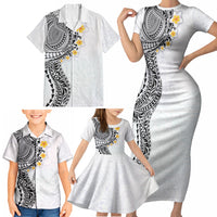 Hawaiian Tribal Tattoo and Plumeria Family Matching Short Sleeve Bodycon Dress and Hawaiian Shirt Polynesian Pattern White Color