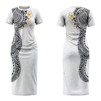 Hawaiian Tribal Tattoo and Plumeria Family Matching Short Sleeve Bodycon Dress and Hawaiian Shirt Polynesian Pattern White Color