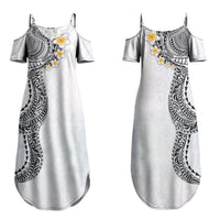 Hawaiian Tribal Tattoo and Plumeria Family Matching Summer Maxi Dress and Hawaiian Shirt Polynesian Pattern White Color