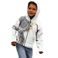 Hawaiian Tribal Tattoo and Plumeria Kid Hoodie Polynesian Pattern White Color