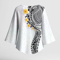 Hawaiian Tribal Tattoo and Plumeria Kimono Sleeve Blouse Polynesian Pattern White Color