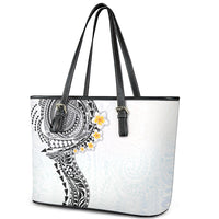 Hawaiian Tribal Tattoo and Plumeria Leather Tote Bag Polynesian Pattern White Color