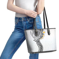 Hawaiian Tribal Tattoo and Plumeria Leather Tote Bag Polynesian Pattern White Color