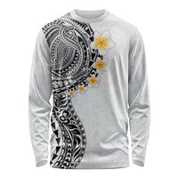 Hawaiian Tribal Tattoo and Plumeria Long Sleeve Shirt Polynesian Pattern White Color
