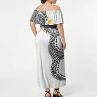 Hawaiian Tribal Tattoo and Plumeria Off Shoulder Maxi Dress Polynesian Pattern White Color