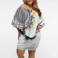 Hawaiian Tribal Tattoo and Plumeria Off Shoulder Short Dress Polynesian Pattern White Color