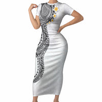 Hawaiian Tribal Tattoo and Plumeria Short Sleeve Bodycon Dress Polynesian Pattern White Color