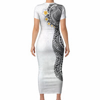 Hawaiian Tribal Tattoo and Plumeria Short Sleeve Bodycon Dress Polynesian Pattern White Color