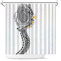 Hawaiian Tribal Tattoo and Plumeria Shower Curtain Polynesian Pattern White Color