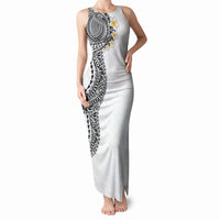 Hawaiian Tribal Tattoo and Plumeria Tank Maxi Dress Polynesian Pattern White Color