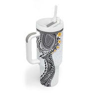 Hawaiian Tribal Tattoo and Plumeria Tumbler With Handle Polynesian Pattern White Color