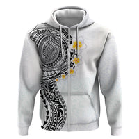 Hawaiian Tribal Tattoo and Plumeria Zip Hoodie Polynesian Pattern White Color