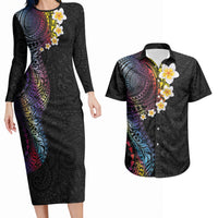 Hawaiian Tribal Tattoo and Plumeria Couples Matching Long Sleeve Bodycon Dress and Hawaiian Shirt Polynesian Pattern Rainbow