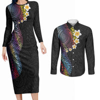 Hawaiian Tribal Tattoo and Plumeria Couples Matching Long Sleeve Bodycon Dress and Long Sleeve Button Shirt Polynesian Pattern Rainbow