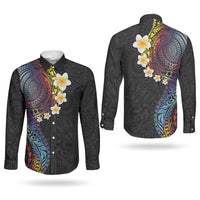 Hawaiian Tribal Tattoo and Plumeria Couples Matching Long Sleeve Bodycon Dress and Long Sleeve Button Shirt Polynesian Pattern Rainbow