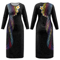 Hawaiian Tribal Tattoo and Plumeria Couples Matching Long Sleeve Bodycon Dress and Long Sleeve Button Shirt Polynesian Pattern Rainbow