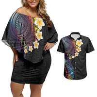 Hawaiian Tribal Tattoo and Plumeria Couples Matching Off Shoulder Short Dress and Hawaiian Shirt Polynesian Pattern Rainbow