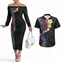 Hawaiian Tribal Tattoo and Plumeria Couples Matching Off The Shoulder Long Sleeve Dress and Hawaiian Shirt Polynesian Pattern Rainbow
