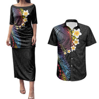 Hawaiian Tribal Tattoo and Plumeria Couples Matching Puletasi and Hawaiian Shirt Polynesian Pattern Rainbow