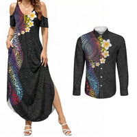 Hawaiian Tribal Tattoo and Plumeria Couples Matching Summer Maxi Dress and Long Sleeve Button Shirt Polynesian Pattern Rainbow