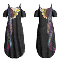 Hawaiian Tribal Tattoo and Plumeria Couples Matching Summer Maxi Dress and Long Sleeve Button Shirt Polynesian Pattern Rainbow