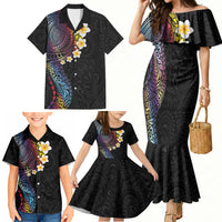 Hawaiian Tribal Tattoo and Plumeria Family Matching Mermaid Dress and Hawaiian Shirt Polynesian Pattern Rainbow
