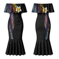Hawaiian Tribal Tattoo and Plumeria Family Matching Mermaid Dress and Hawaiian Shirt Polynesian Pattern Rainbow