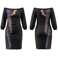 Hawaiian Tribal Tattoo and Plumeria Family Matching Off The Shoulder Long Sleeve Dress and Hawaiian Shirt Polynesian Pattern Rainbow
