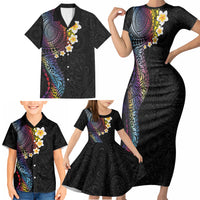 Hawaiian Tribal Tattoo and Plumeria Family Matching Short Sleeve Bodycon Dress and Hawaiian Shirt Polynesian Pattern Rainbow
