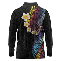 Hawaiian Tribal Tattoo and Plumeria Long Sleeve Polo Shirt Polynesian Pattern Rainbow