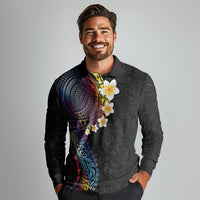 Hawaiian Tribal Tattoo and Plumeria Long Sleeve Polo Shirt Polynesian Pattern Rainbow