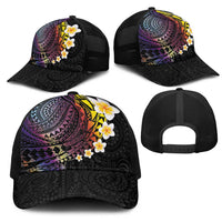 Hawaiian Tribal Tattoo and Plumeria Mesh Trucker Cap Polynesian Pattern Rainbow