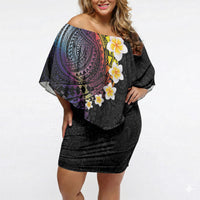 Hawaiian Tribal Tattoo and Plumeria Off Shoulder Short Dress Polynesian Pattern Rainbow