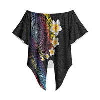 Hawaiian Tribal Tattoo and Plumeria Off Shoulder Wrap Waist Top Polynesian Pattern Rainbow