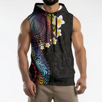 Hawaiian Tribal Tattoo and Plumeria Sleeveless Zip Hoodie Polynesian Pattern Rainbow