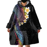 Hawaiian Tribal Tattoo and Plumeria Wearable Blanket Hoodie Polynesian Pattern Rainbow