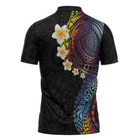 Hawaiian Tribal Tattoo and Plumeria Zipper Polo Shirt Polynesian Pattern Rainbow