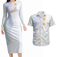 Hawaiian Tribal Tattoo and Plumeria Couples Matching Long Sleeve Bodycon Dress and Hawaiian Shirt Polynesian Pattern Sweet