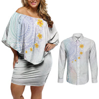 Hawaiian Tribal Tattoo and Plumeria Couples Matching Off Shoulder Short Dress and Long Sleeve Button Shirt Polynesian Pattern Sweet