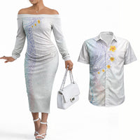 Hawaiian Tribal Tattoo and Plumeria Couples Matching Off The Shoulder Long Sleeve Dress and Hawaiian Shirt Polynesian Pattern Sweet