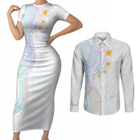 Hawaiian Tribal Tattoo and Plumeria Couples Matching Short Sleeve Bodycon Dress and Long Sleeve Button Shirt Polynesian Pattern Sweet