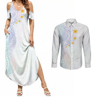 Hawaiian Tribal Tattoo and Plumeria Couples Matching Summer Maxi Dress and Long Sleeve Button Shirt Polynesian Pattern Sweet