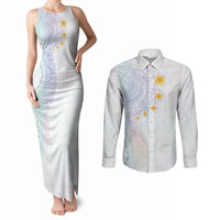 Hawaiian Tribal Tattoo and Plumeria Couples Matching Tank Maxi Dress and Long Sleeve Button Shirt Polynesian Pattern Sweet