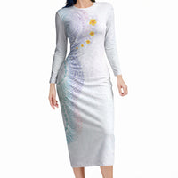 Hawaiian Tribal Tattoo and Plumeria Long Sleeve Bodycon Dress Polynesian Pattern Sweet
