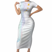 Hawaiian Tribal Tattoo and Plumeria Short Sleeve Bodycon Dress Polynesian Pattern Sweet
